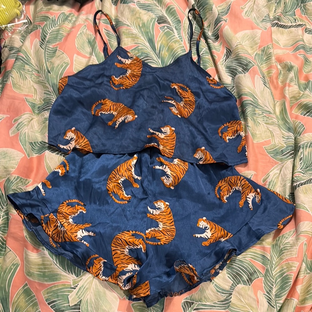 Blue satin Tiger Print two piece pajamas